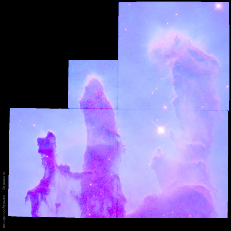 AstroSky — Pillars of Creation nebula rendered in purple-blue tones with star field, demonstrating high-quality FITS image processing and visualization