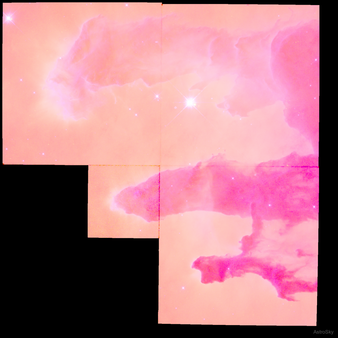 AstroSky — Nebula visualization in warm pink and orange hues with bright star highlights, showcasing color map flexibility and stretch algorithm quality
