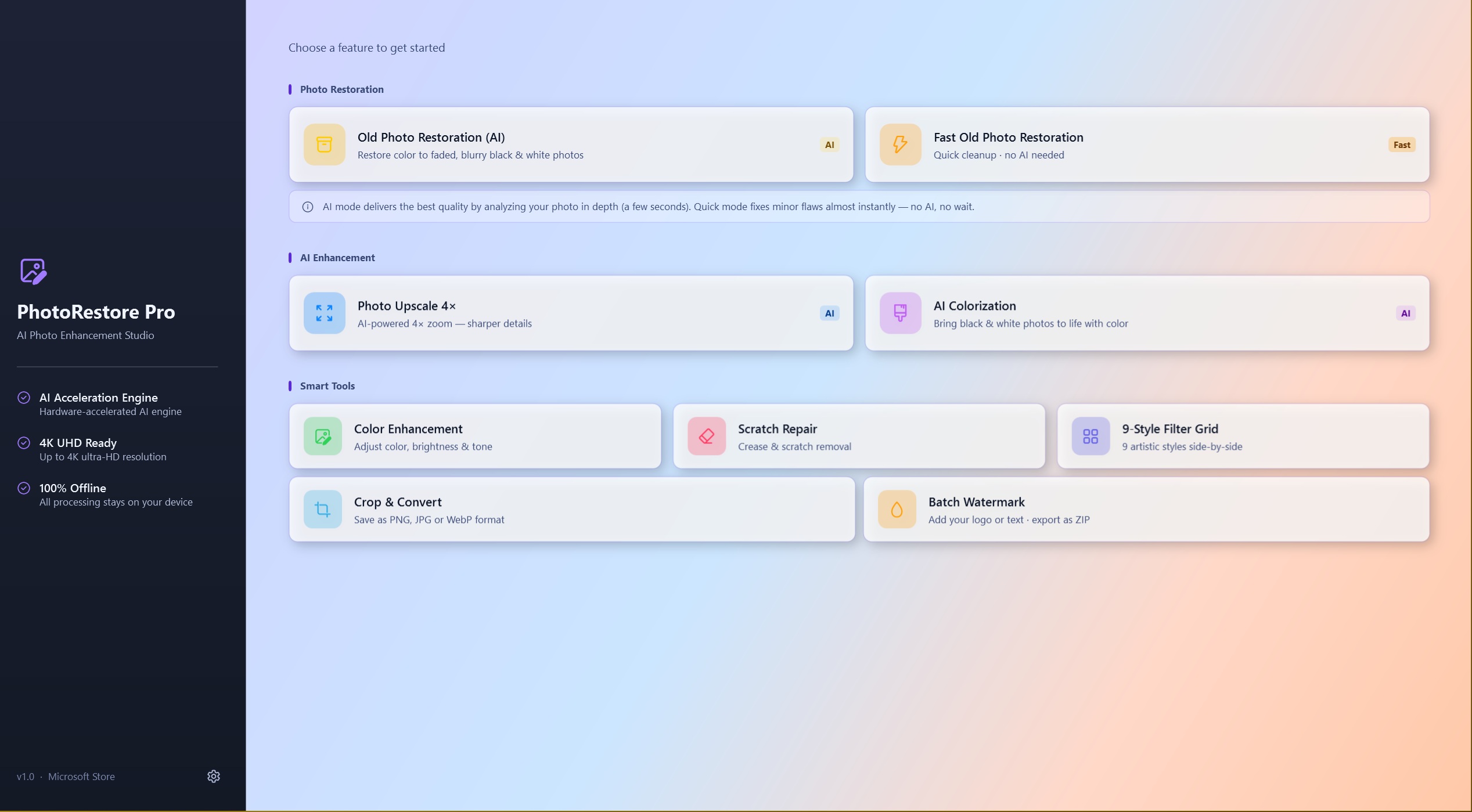 PhotoRestore Pro — Home screen showing eight AI-powered feature cards including Old Photo Restoration, Photo Upscale 4×, AI Colorization, and more