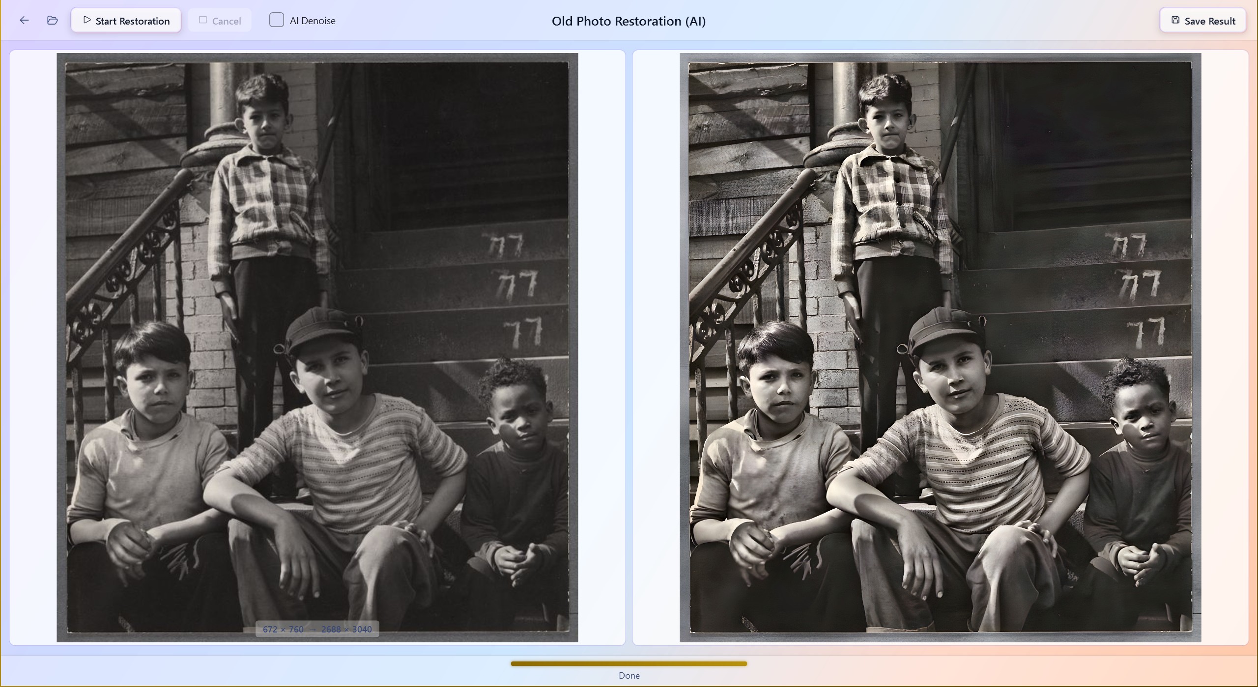 PhotoRestore Pro — Old Photo Restoration feature page with side-by-side original and AI-restored result preview